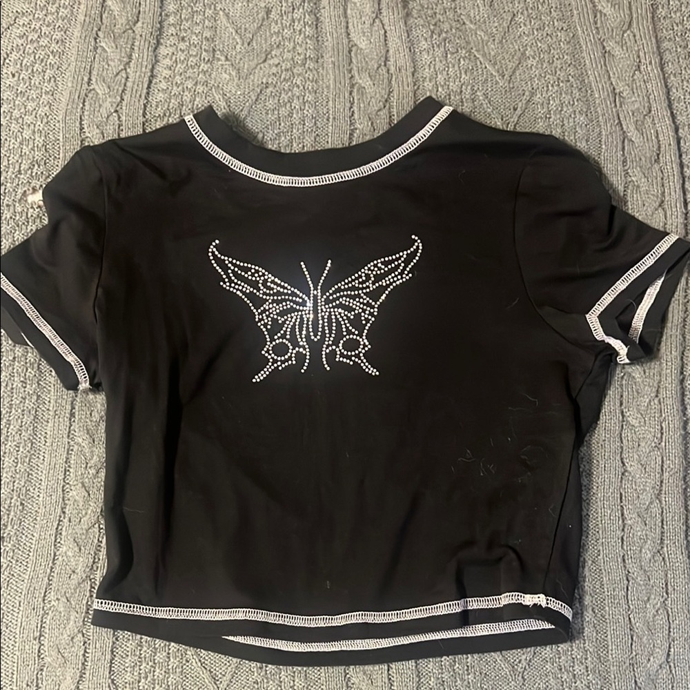 SHEIN Black Tee with Rhinestone Butterfly